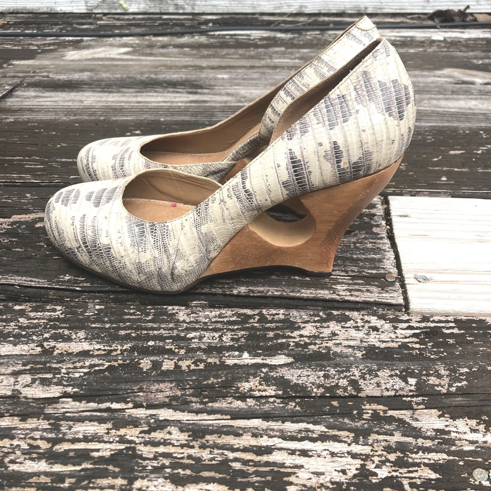 Anthropologie wooden heel snakeskin wedges